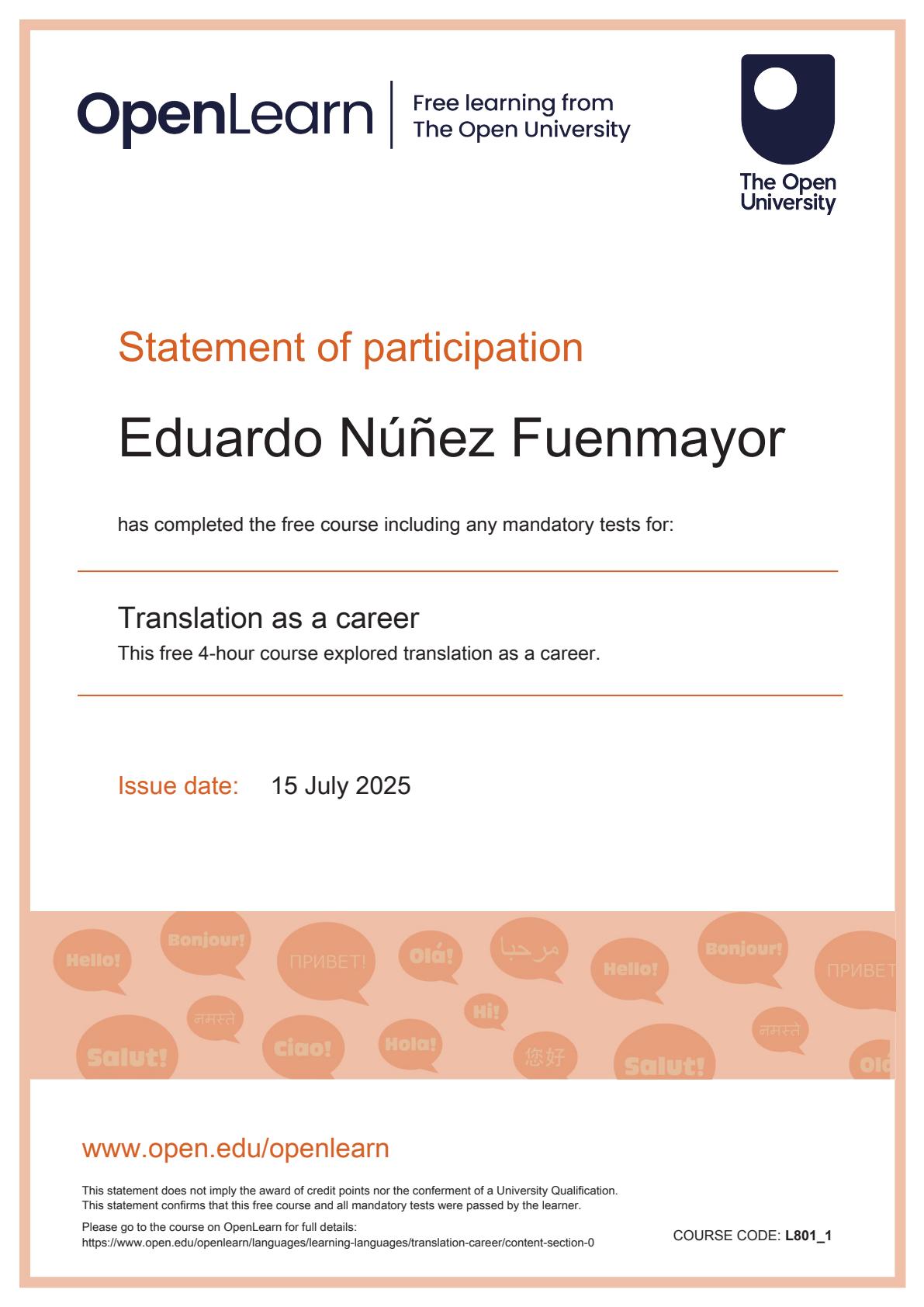 Certificado de Traducción